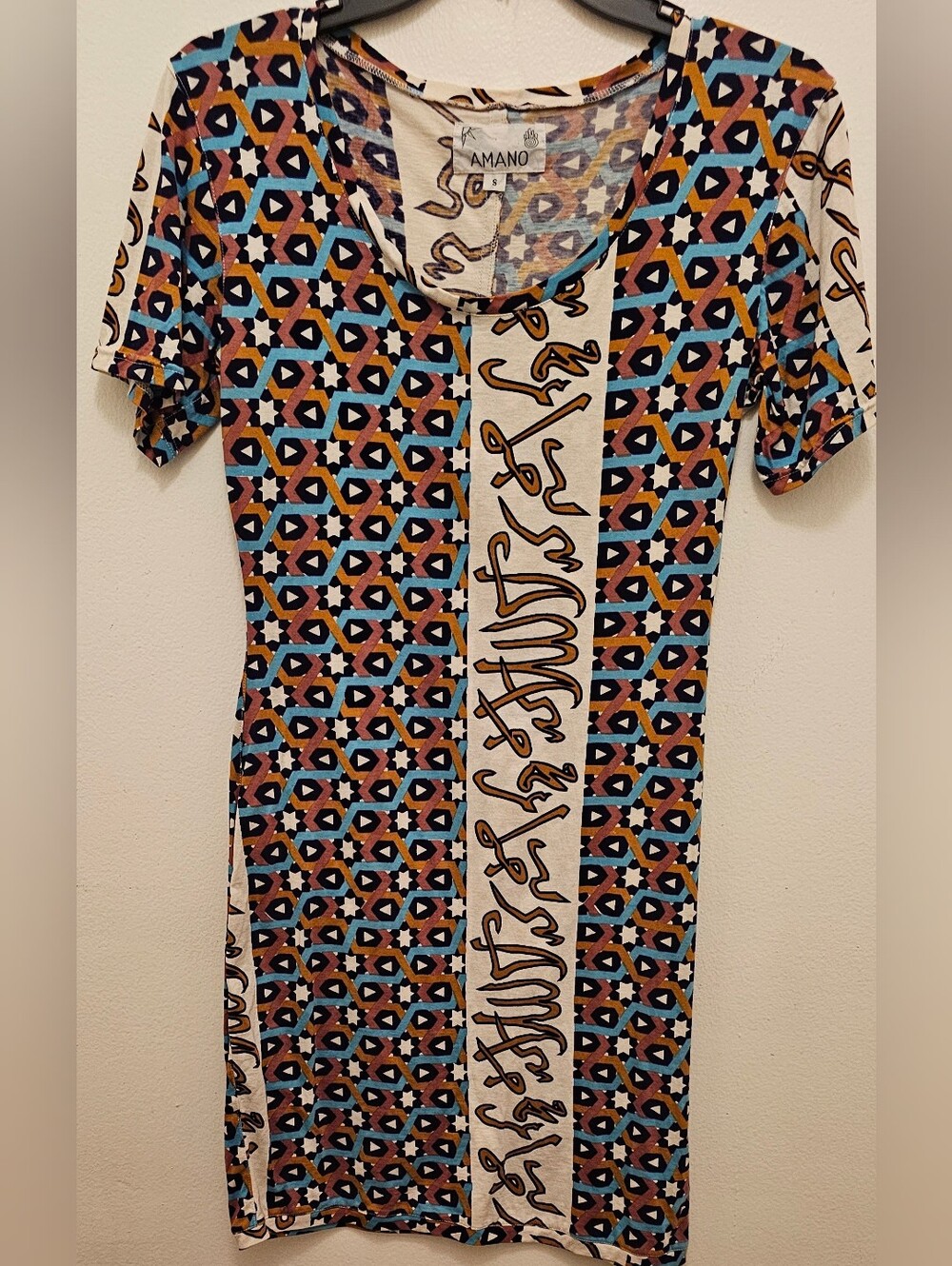 Geometric Print Short Sleeve Dress in Teal & Rust